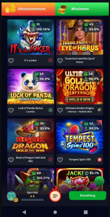 HellSpin Casino mit einer Auswahl an Spielautomaten und angezeigten RTP-Werten
